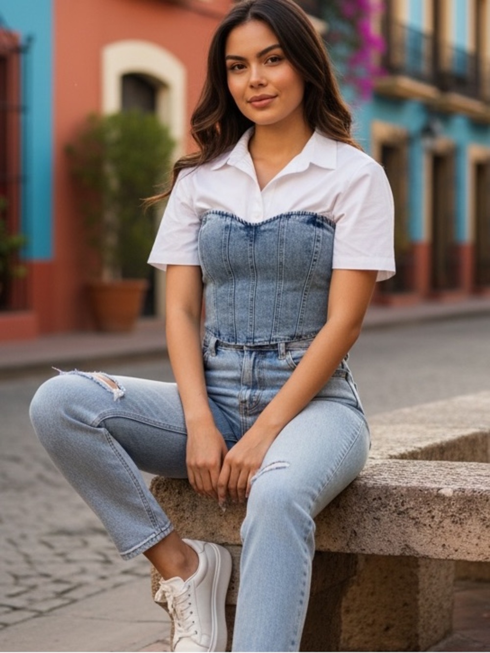 PLT acid blue wash seam detail denim corset top 12